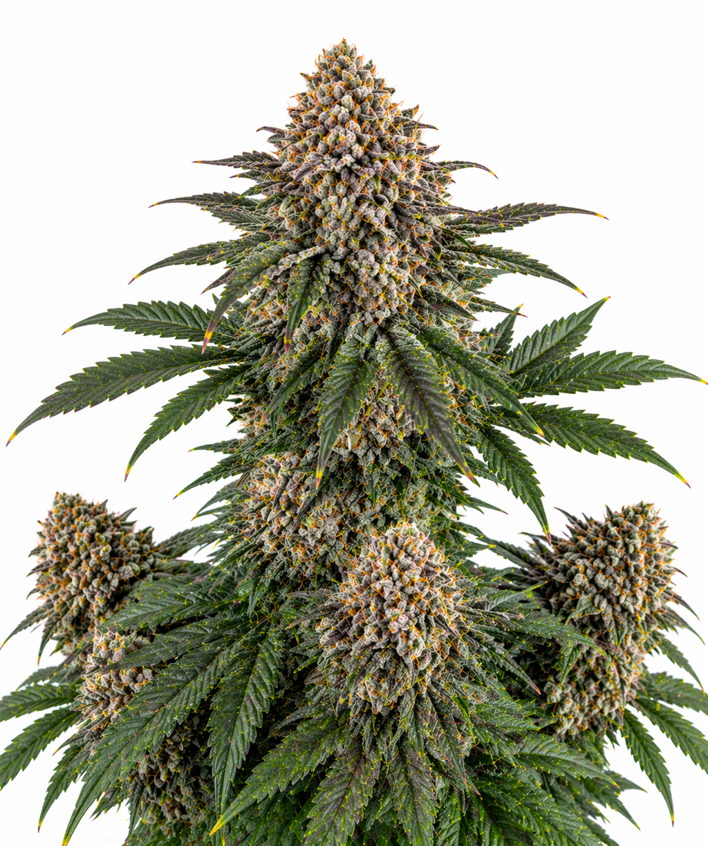 Cannabispflanze der Sorte Gelato Samba Autoflowering auf weißem Hintergrund