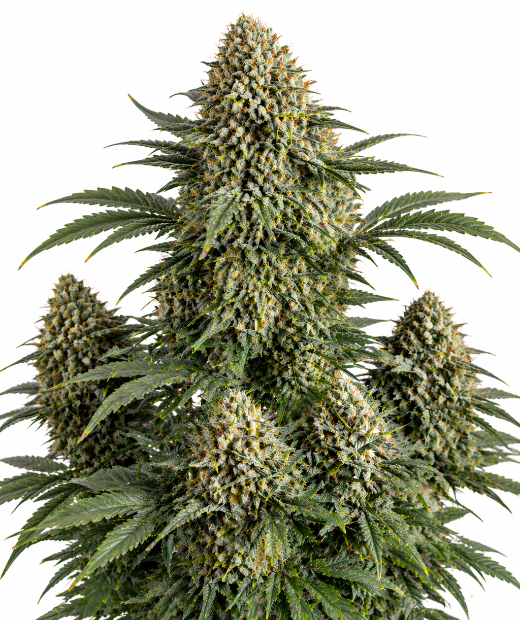 Cannabispflanze der Sorte Hindu Kush Autoflowering auf weißem Hintergrund