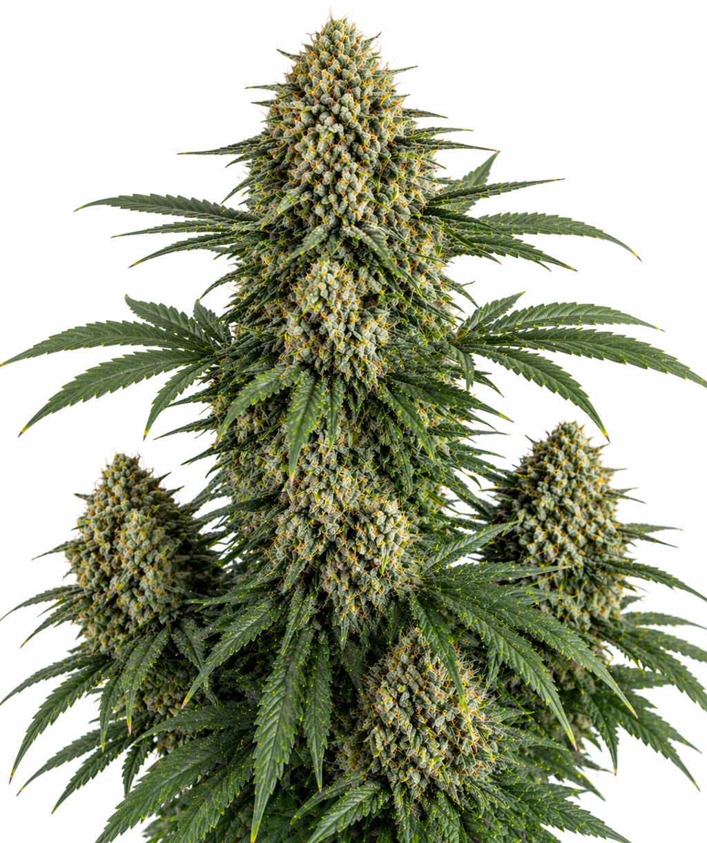 Cannabispflanze der Sorte Jack Hair Autoflowering auf weißem Hintergrund