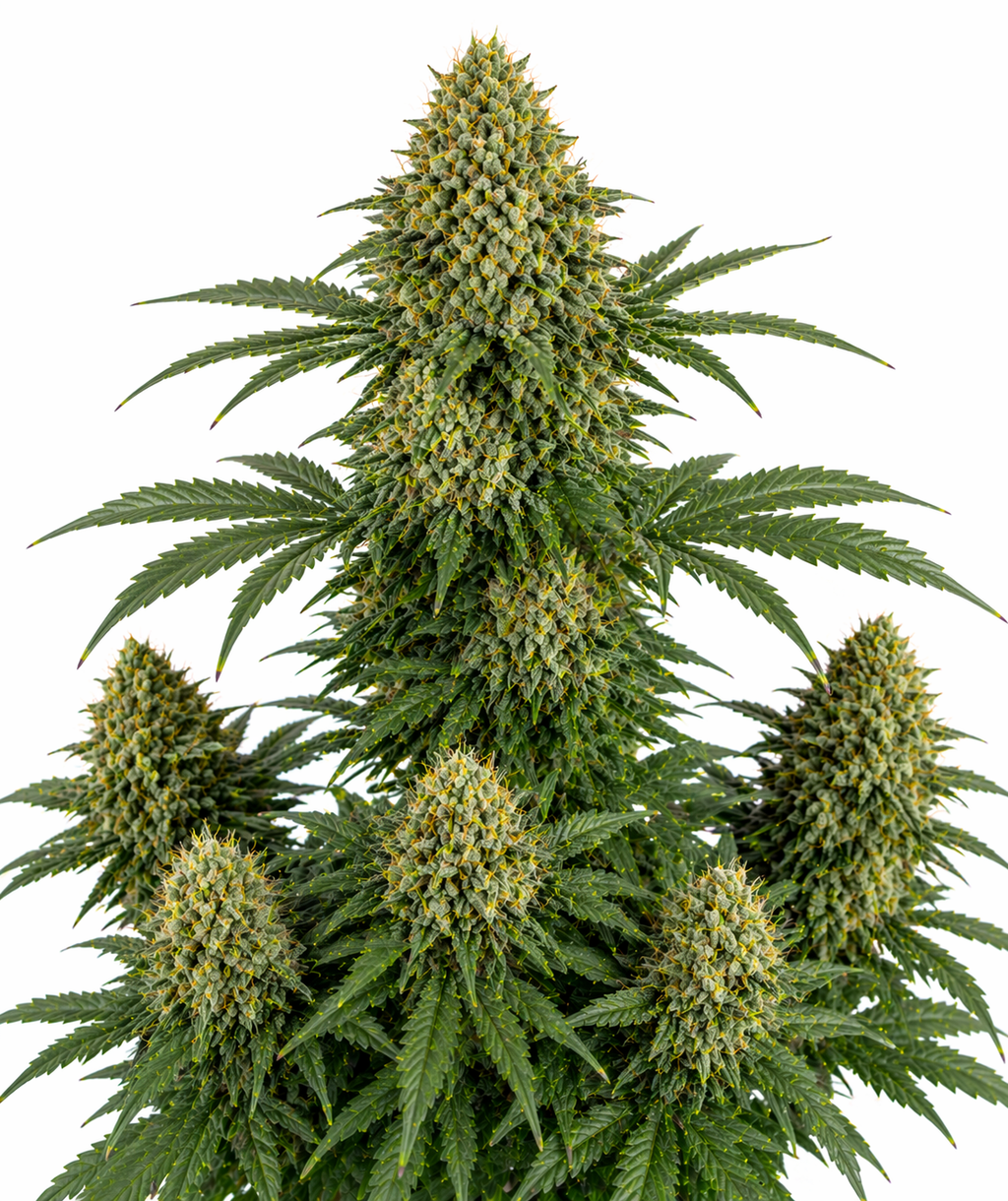 Cannabispflanze der Sorte OG Kush Autoflowering auf weißem Hintergrund