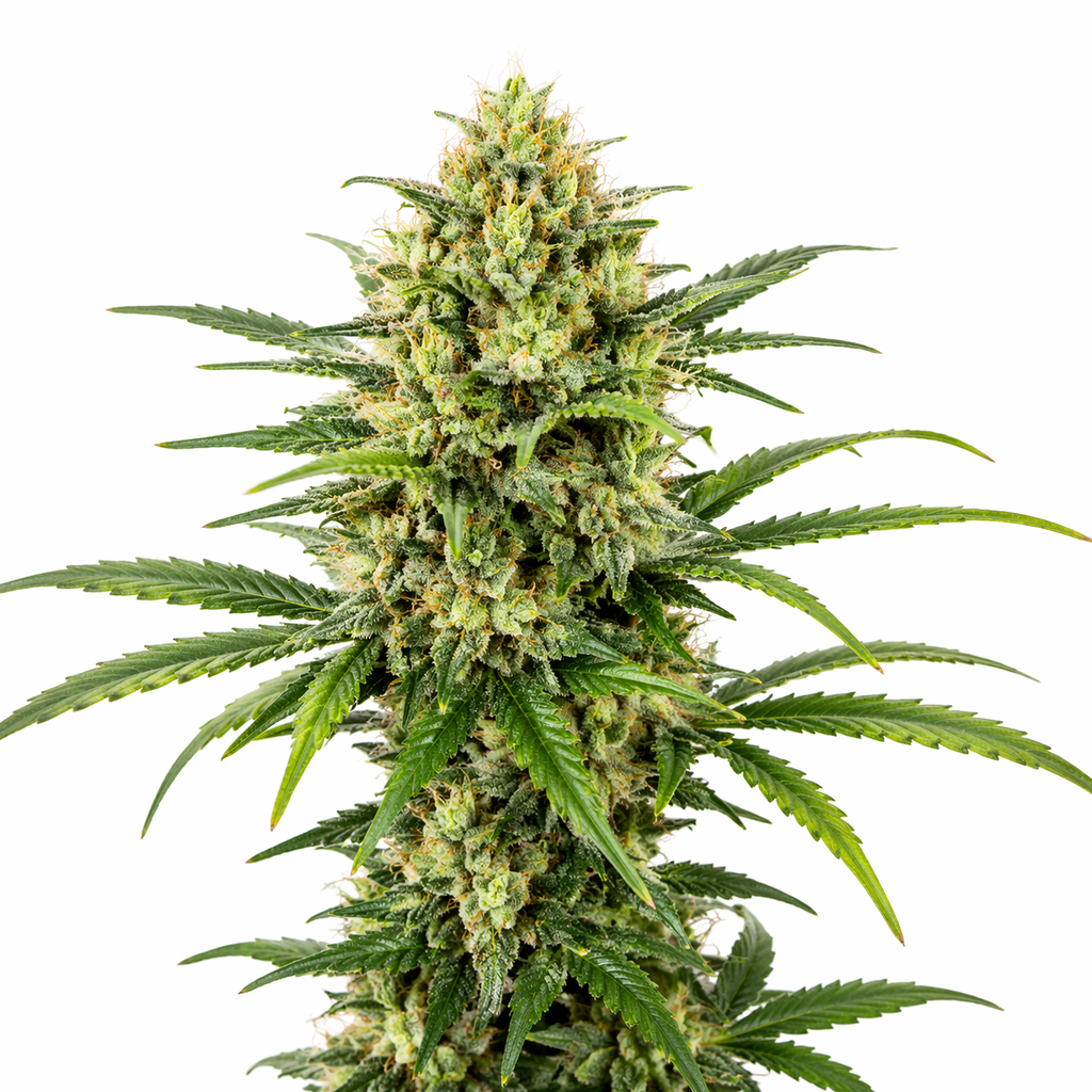Cannabispflanze der Sorte Special Lemon Haze auf weißem Hintergrund