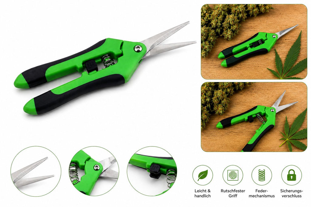 Ergonomische Trimm-Schere mit Edelstahlklingen für präzises Schneiden und Ernten von Pflanzen, rutschfester Griff in Grün-Schwarz