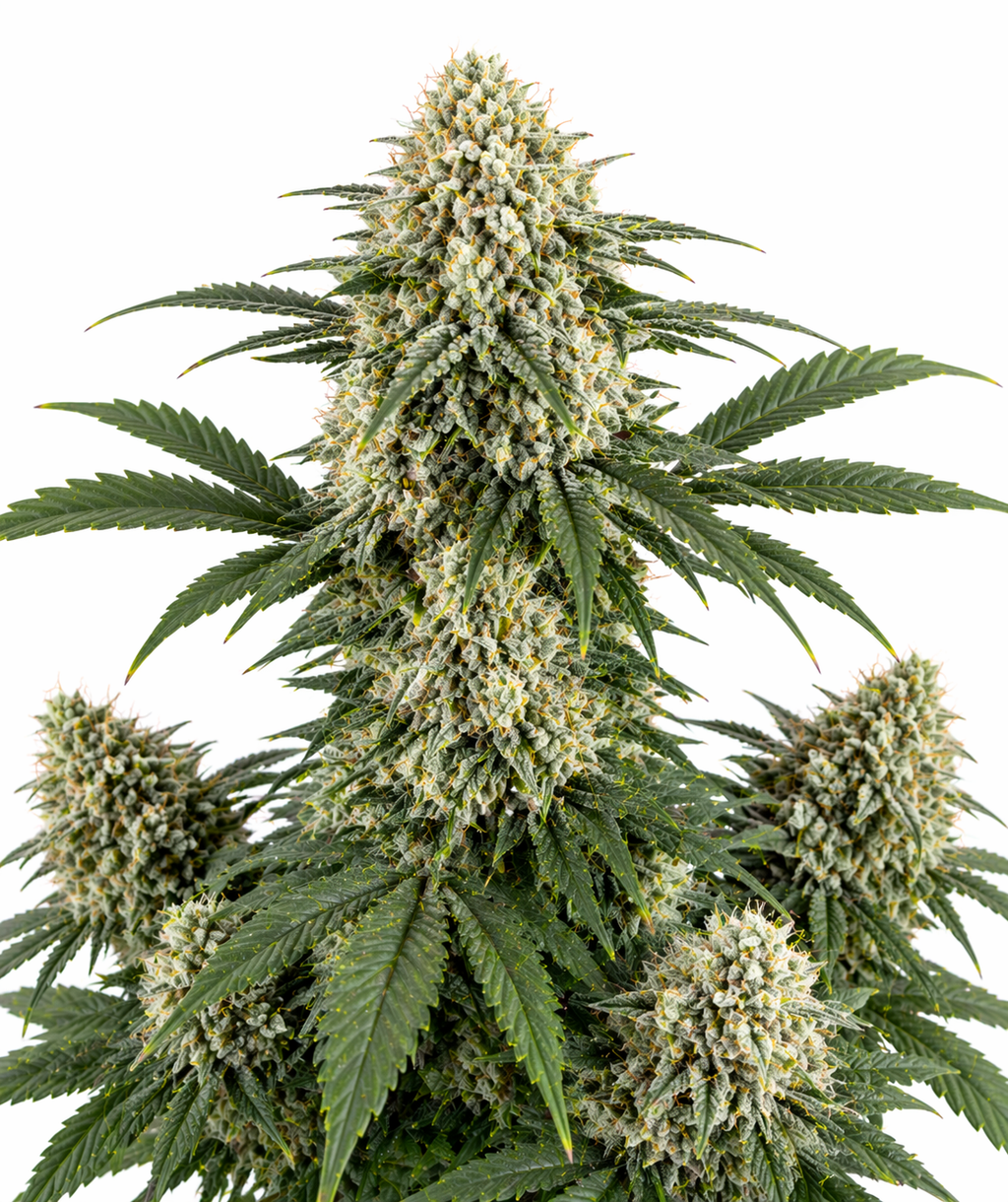Cannabispflanze der Sorte White Widow auf weißem Hintergrund